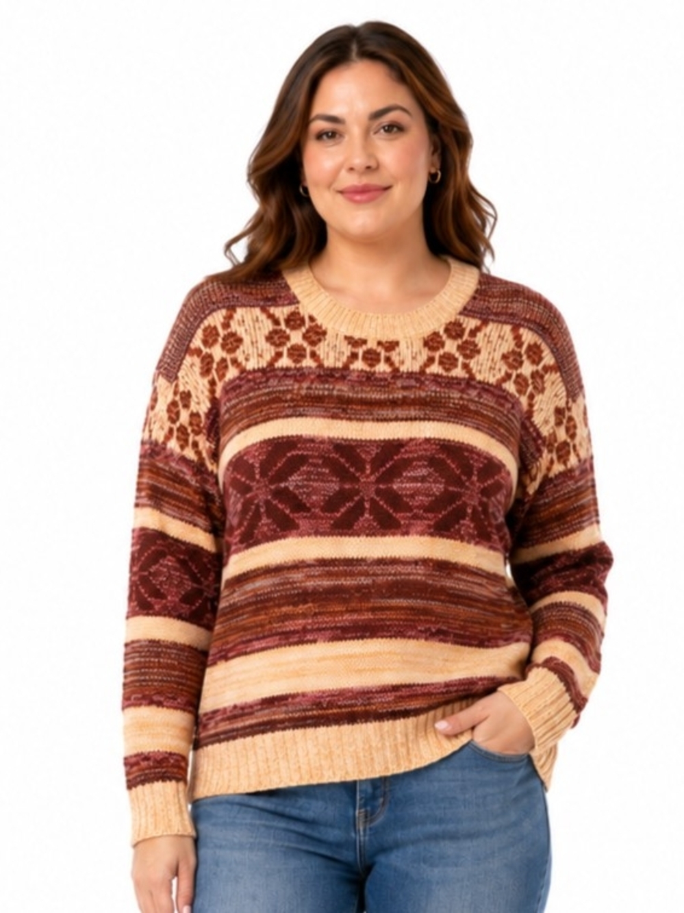 Market & Spruce Women's XL Fair Isle Sweater Multicolor Crewneck Boho Knit NWT